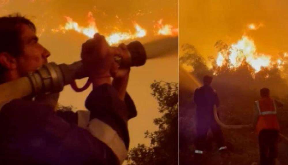 İbrahim Çelikkol termik santralin önünde yangını söndürmeye çalıştı